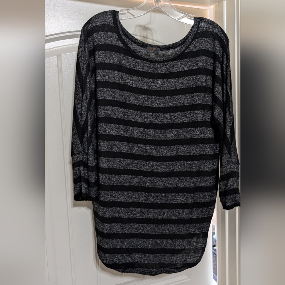 Mi Black and Gray Striped Crew Neck Sweater